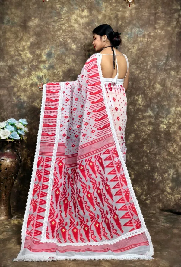 White_&_Red_Cotton_Silk_Jamdani_Woven_Saree_For_Women