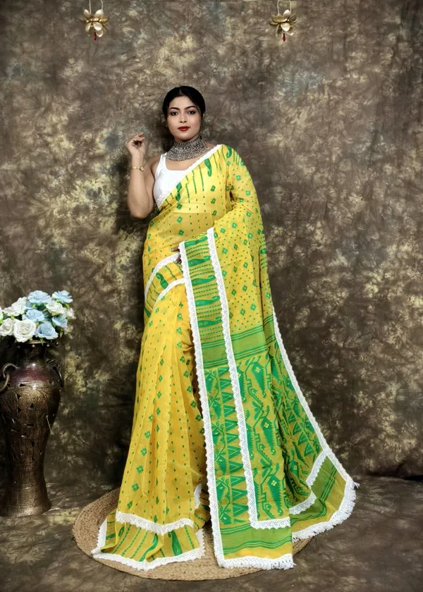 Yellow_&_Green_Cotton_Silk_Jamdani_Woven_Saree_For_Women