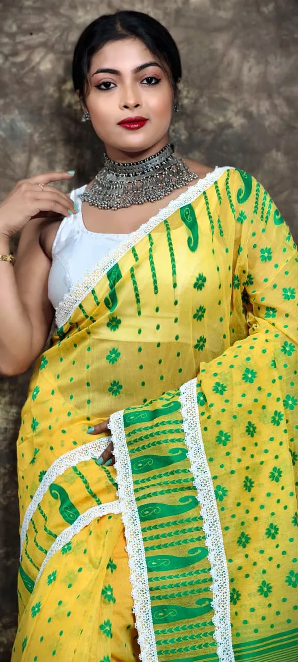 Yellow_&_Green_Cotton_Silk_Jamdani_Woven_Saree_For_Women