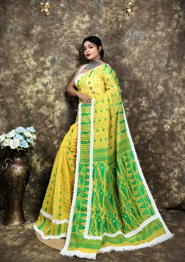 Yellow_&_Green_Cotton_Silk_Jamdani_Woven_Saree_For_Women