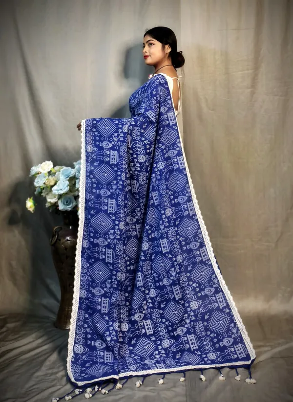 Blue_Khadi_Madhubani_Printed_Saree_For_Women
