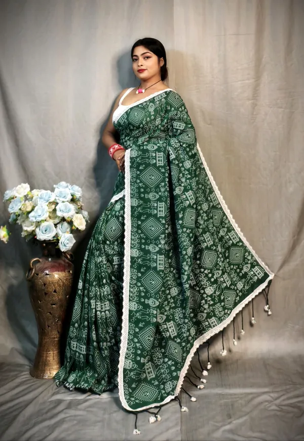 Bottle_Green_Khadi_Madhubani_Printed_Saree_For_Women