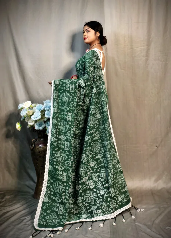 Bottle_Green_Khadi_Madhubani_Printed_Saree_For_Women