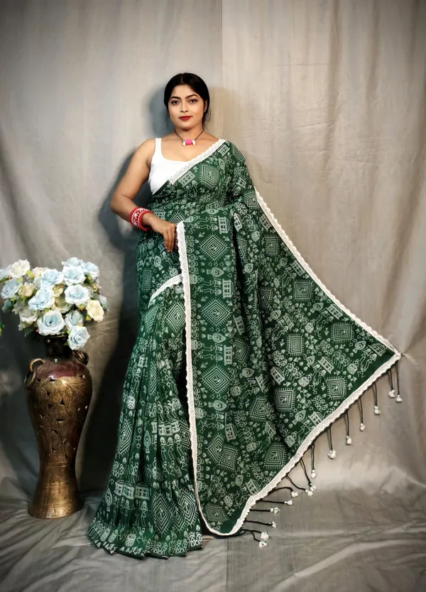 Bottle_Green_Khadi_Madhubani_Printed_Saree_For_Women
