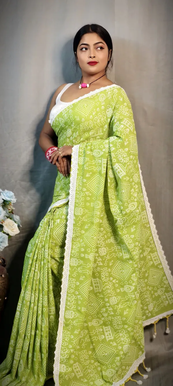 Light_Green_Khadi_Madhubani_Printed_Saree_For_Women