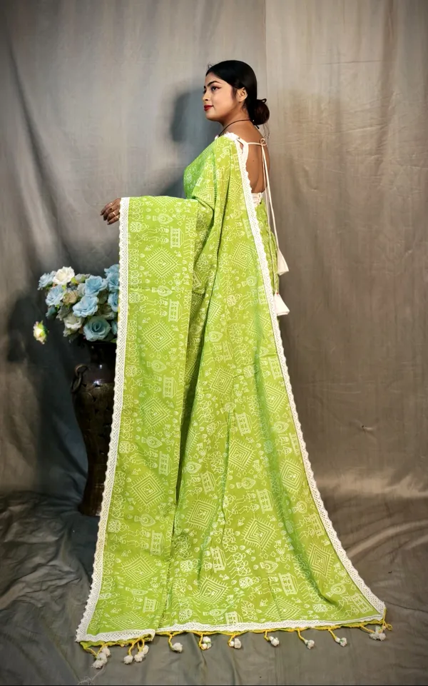 Light_Green_Khadi_Madhubani_Printed_Saree_For_Women