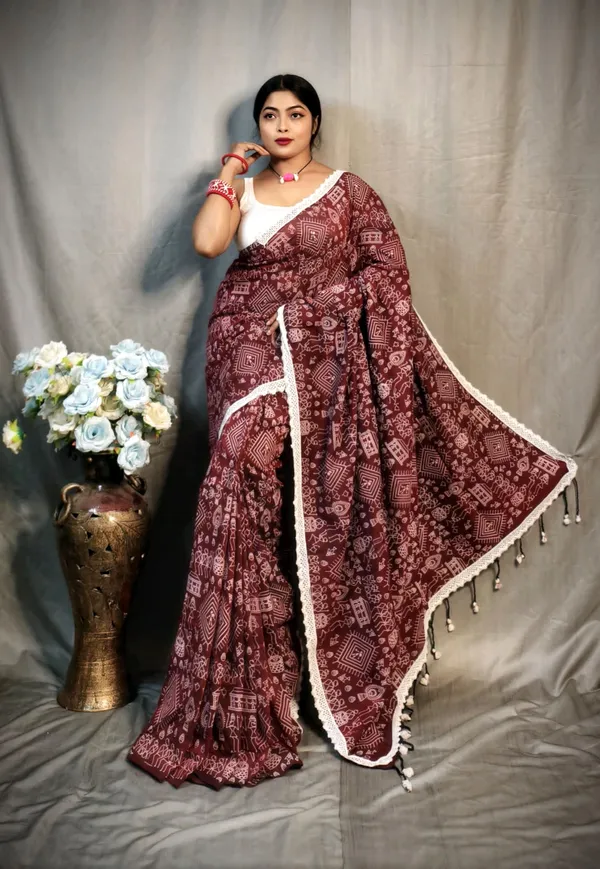 Maroon_Khadi_Madhubani_Printed_Saree_For_Women