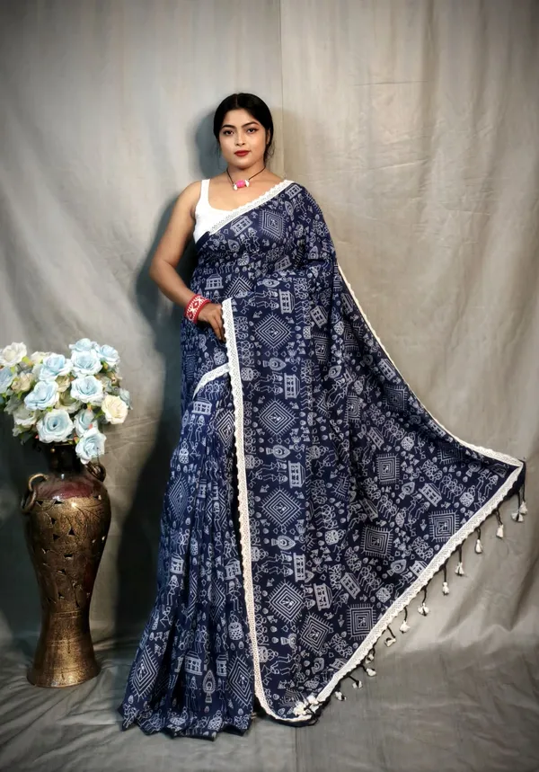 Navy_Blue_Khadi_Madhubani_Printed_Saree_For_Women