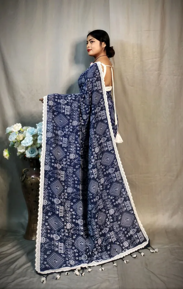 Navy_Blue_Khadi_Madhubani_Printed_Saree_For_Women