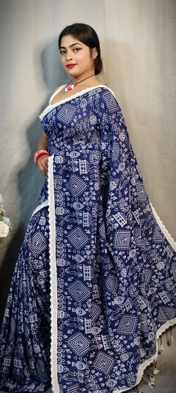 Navy_Blue_Khadi_Madhubani_Printed_Saree_For_Women