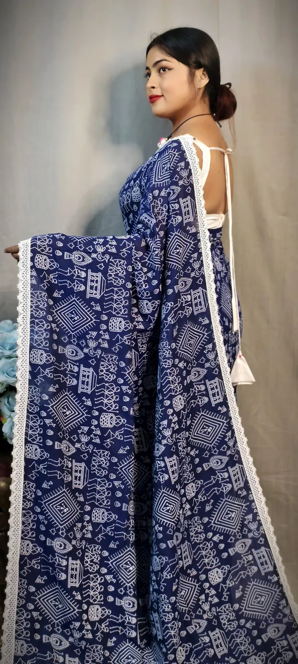 Navy_Blue_Khadi_Madhubani_Printed_Saree_For_Women