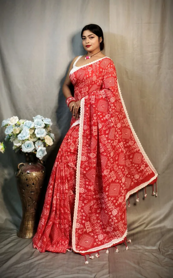 Red_Khadi_Madhubani_Printed_Saree_For_Women