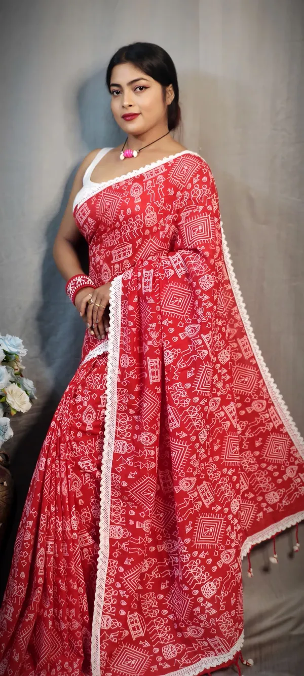 Red_Khadi_Madhubani_Printed_Saree_For_Women