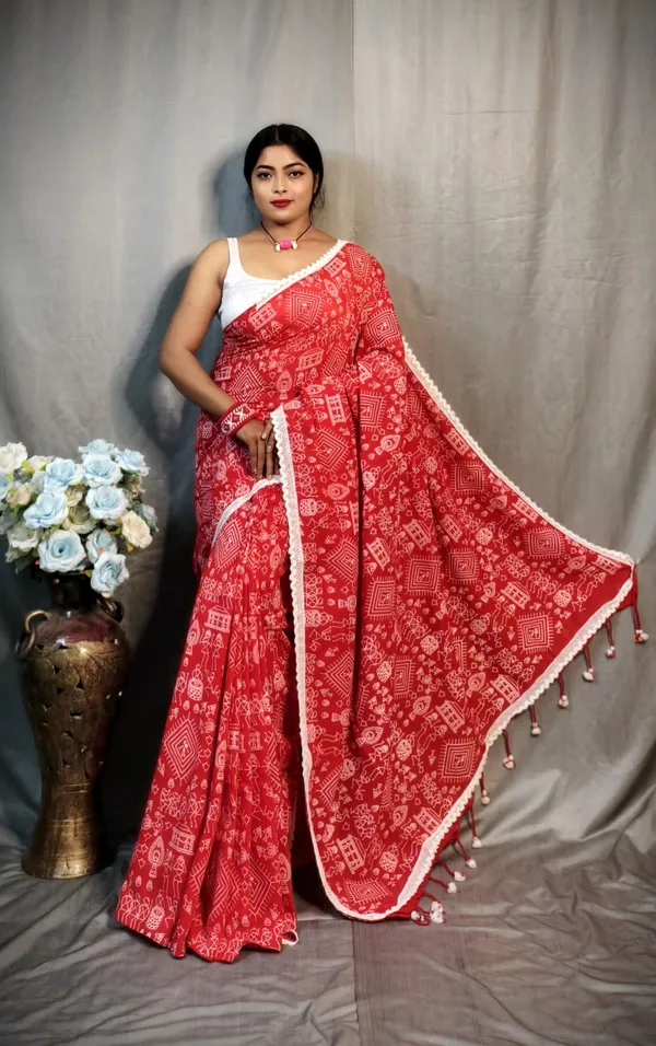 Red_Khadi_Madhubani_Printed_Saree_For_Women