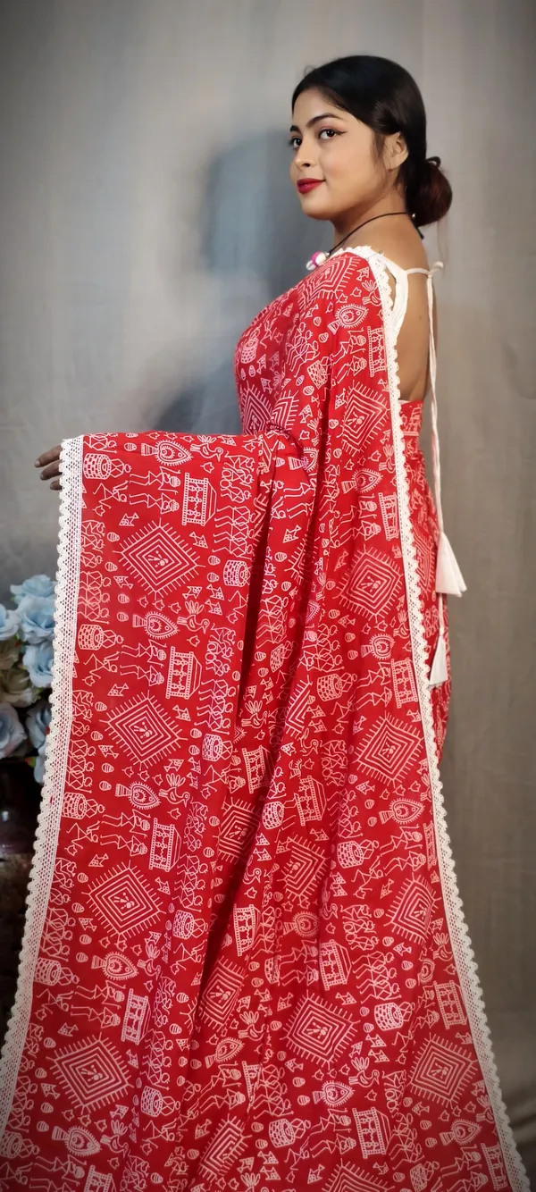 Red_Khadi_Madhubani_Printed_Saree_For_Women
