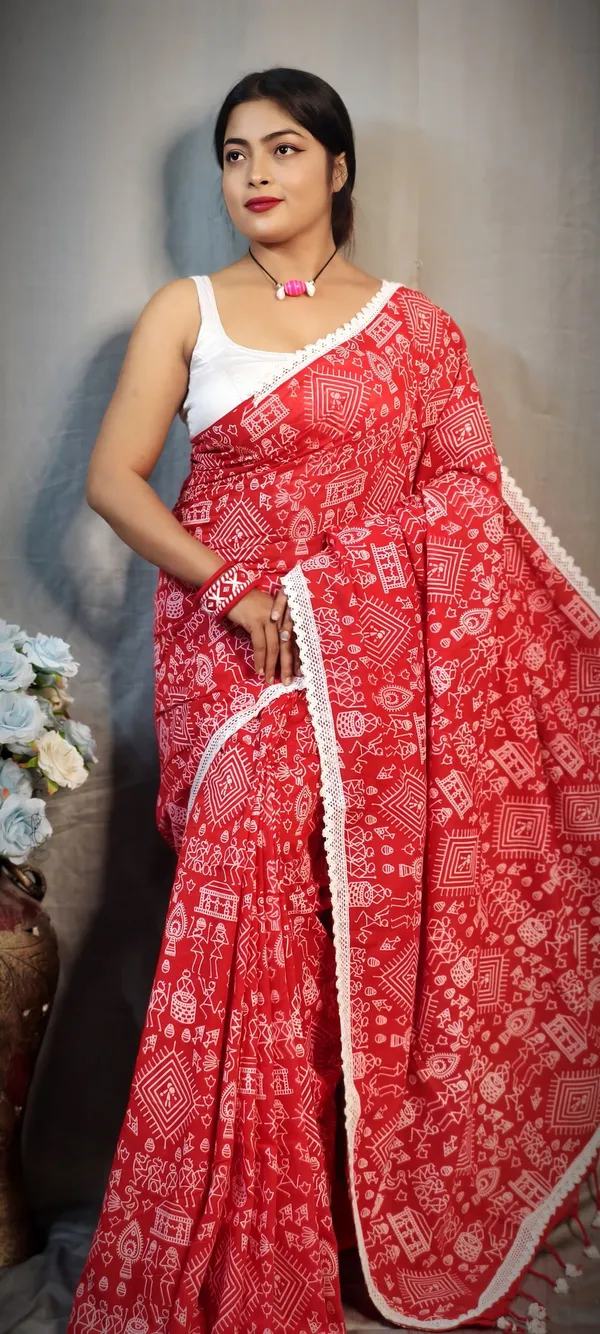 Red_Khadi_Madhubani_Printed_Saree_For_Women
