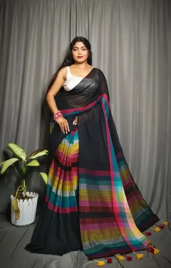 Black_Pure_Cotton_Handloom_Rainbow_Saree_For_Women