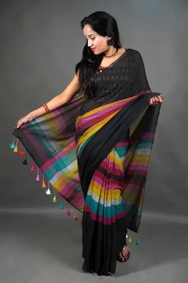 Black_Pure_Cotton_Handloom_Rainbow_Saree_For_Women