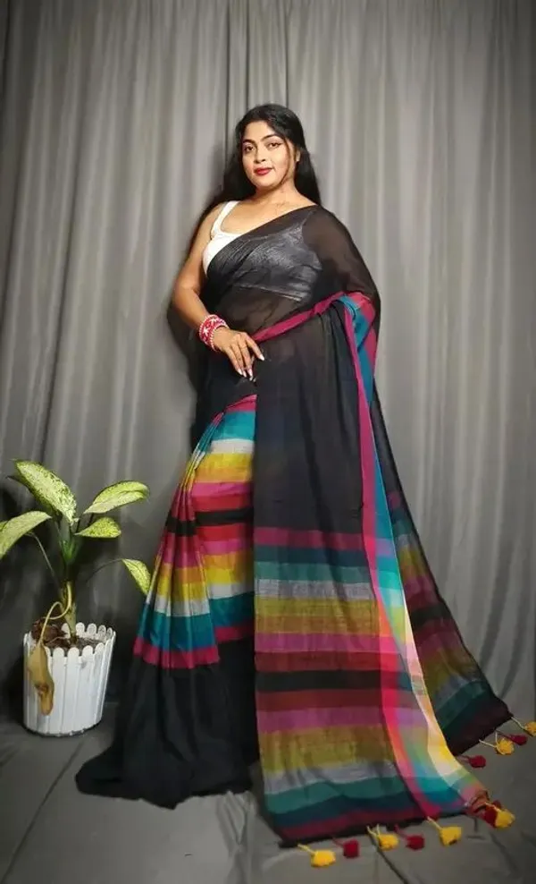Black_Pure_Cotton_Handloom_Rainbow_Saree_For_Women