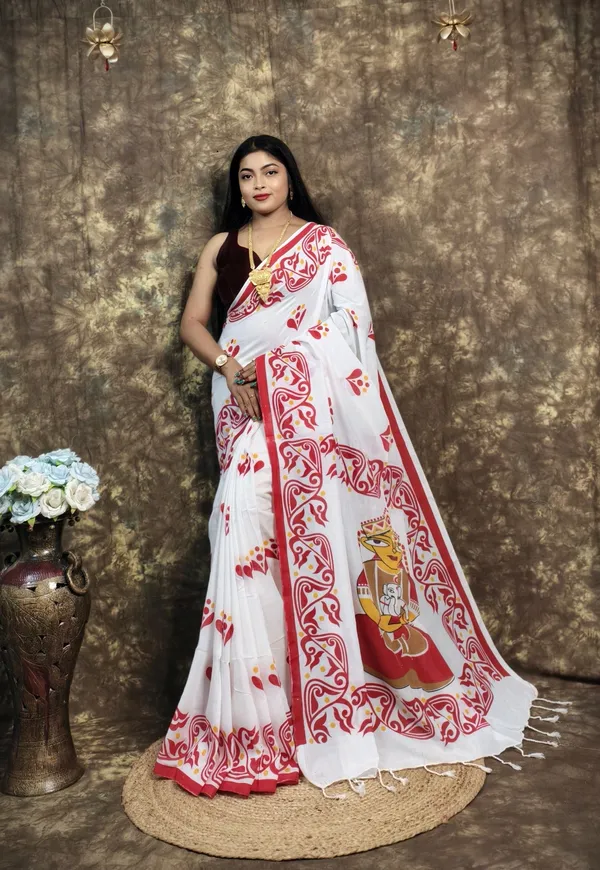 White_&_Red_Cotton_Blend_Handloom_Printed_Saree_For_Women