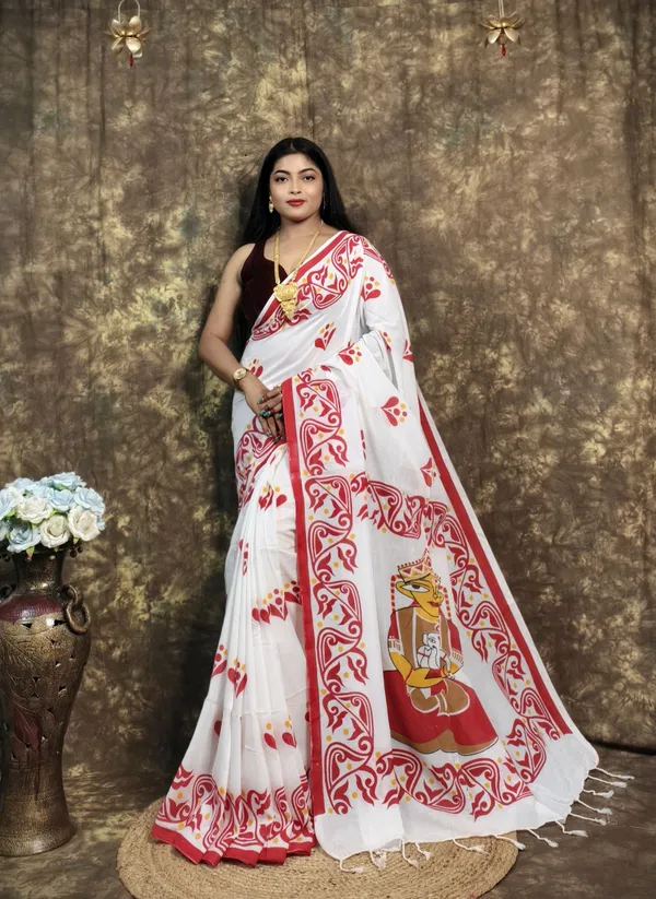 White_&_Red_Cotton_Blend_Handloom_Printed_Saree_For_Women