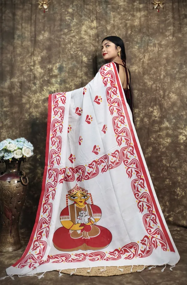 White_&_Red_Cotton_Blend_Handloom_Printed_Saree_For_Women