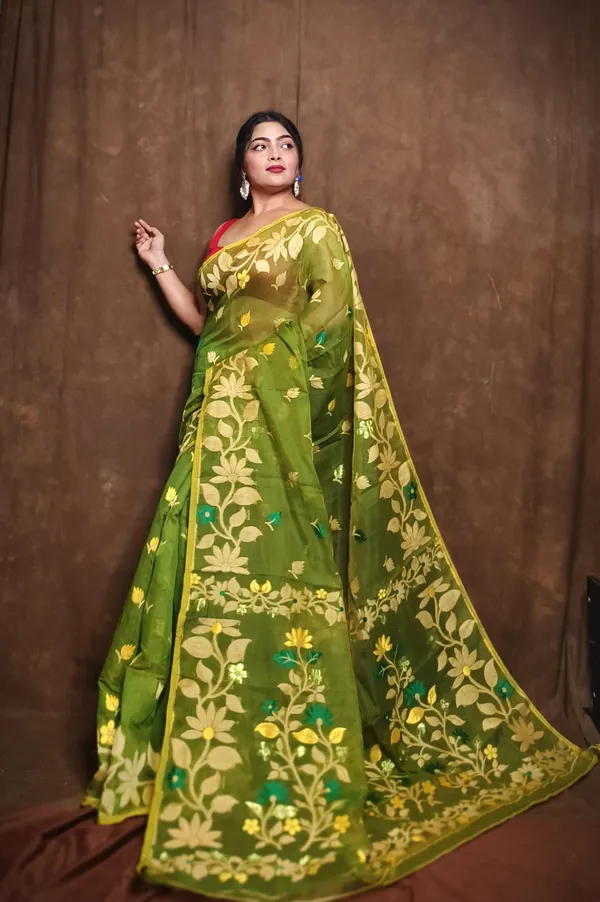 Mehndi_&_Golden_Cotton_Silk_Jamdani_Woven_Saree_For_Women