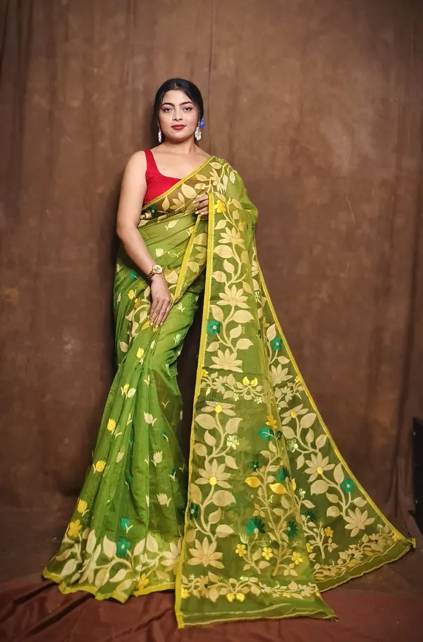 Mehndi_&_Golden_Cotton_Silk_Jamdani_Woven_Saree_For_Women
