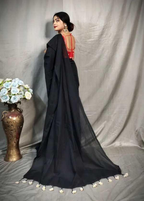 Black_Pure_Cotton_Handloom_Solid/Plain_Saree_For_Women