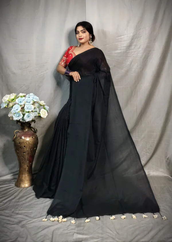 Black_Pure_Cotton_Handloom_Solid/Plain_Saree_For_Women