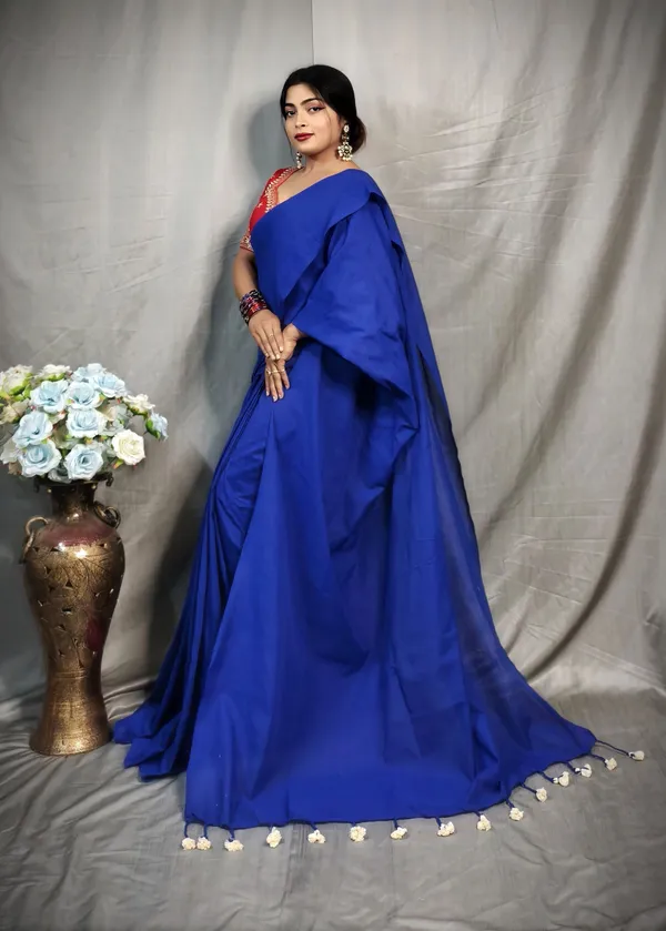 Blue_Pure_Cotton_Handloom_Solid/Plain_Saree_For_Women