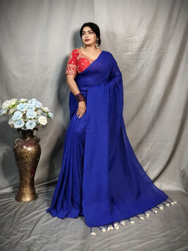 Blue_Pure_Cotton_Handloom_Solid/Plain_Saree_For_Women