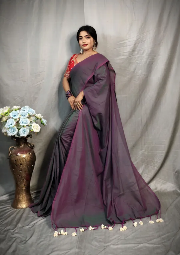 Dual_Tone_Pure_Cotton_Handloom_Solid/Plain_Saree_For_Women