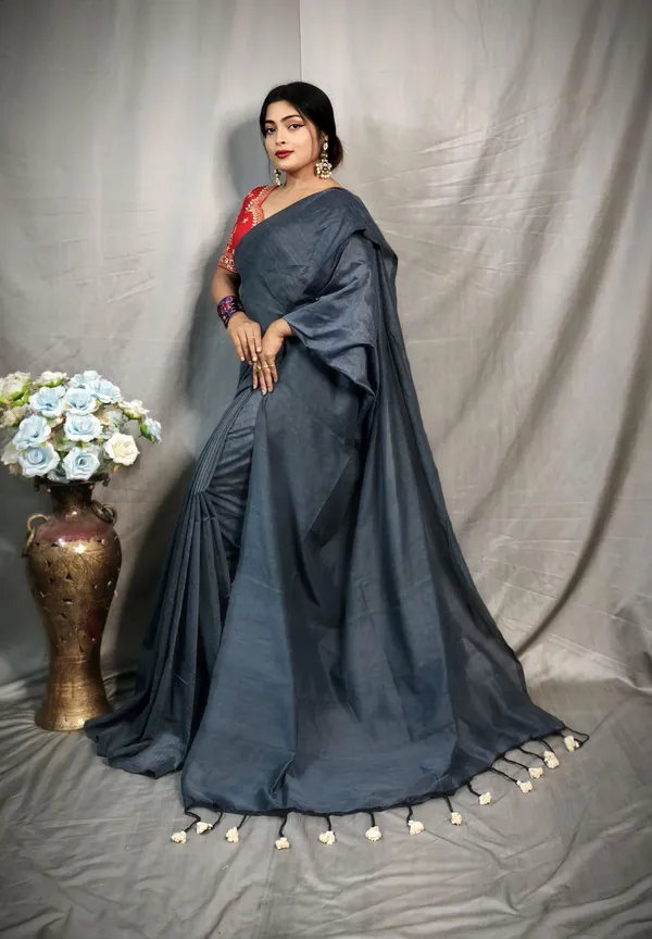 Grey_Pure_Cotton_Handloom_Solid/Plain_Saree_For_Women