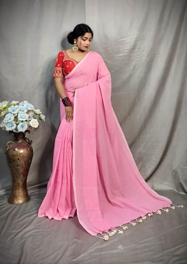 Light_Pink_Pure_Cotton_Handloom_Solid/Plain_Saree_For_Women
