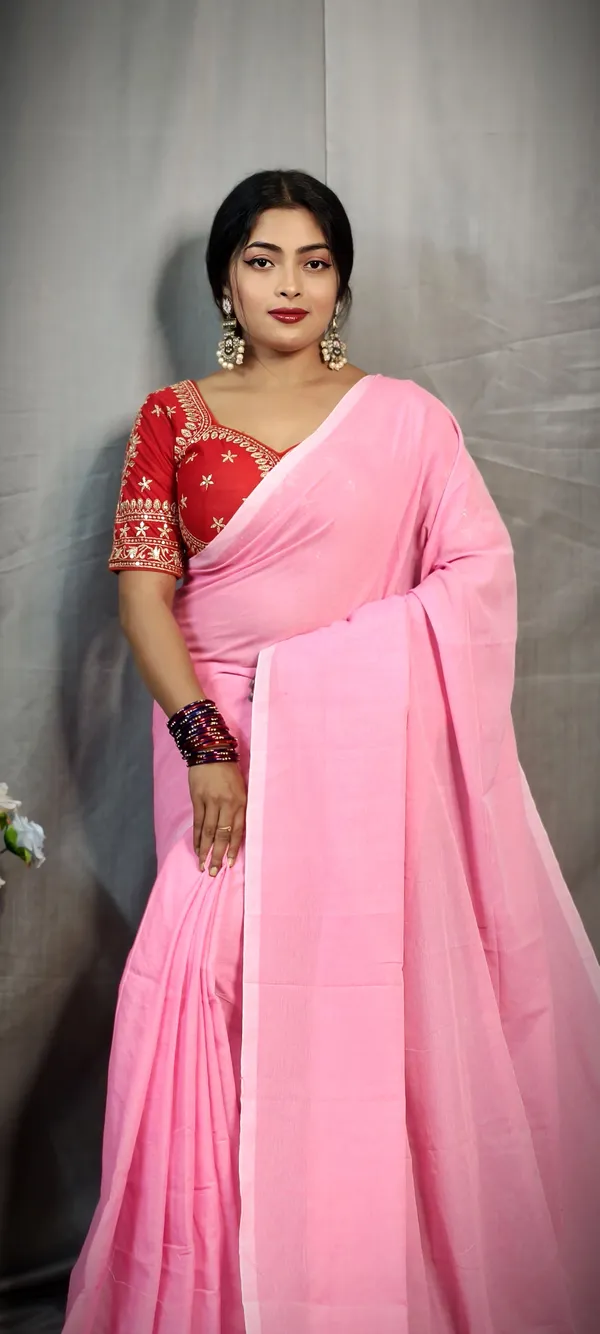 Light_Pink_Pure_Cotton_Handloom_Solid/Plain_Saree_For_Women