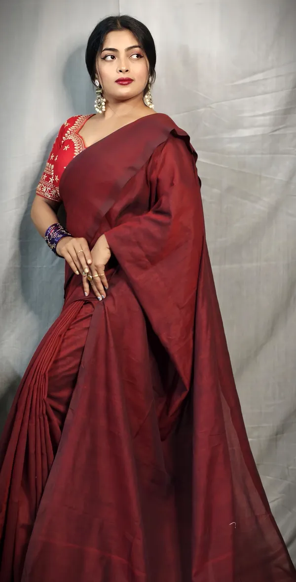 Maroon_Pure_Cotton_Handloom_Solid/Plain_Saree_For_Women