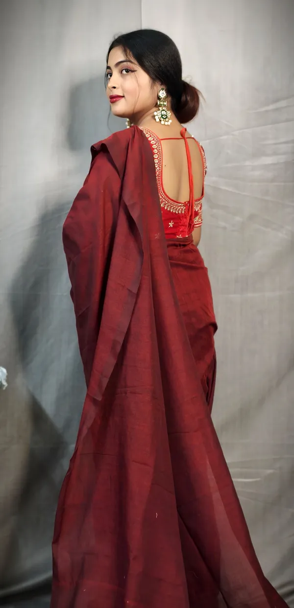 Maroon_Pure_Cotton_Handloom_Solid/Plain_Saree_For_Women