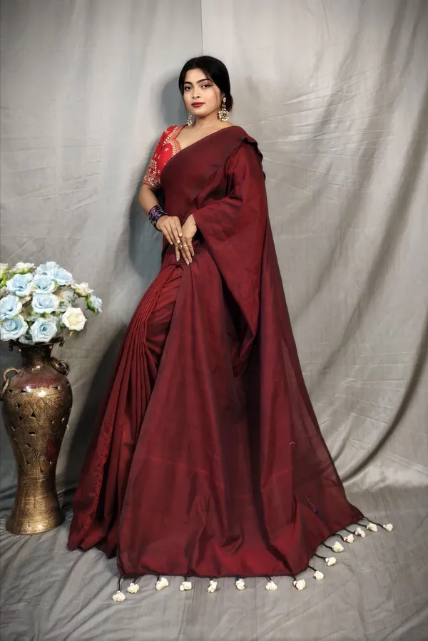 Maroon_Pure_Cotton_Handloom_Solid/Plain_Saree_For_Women