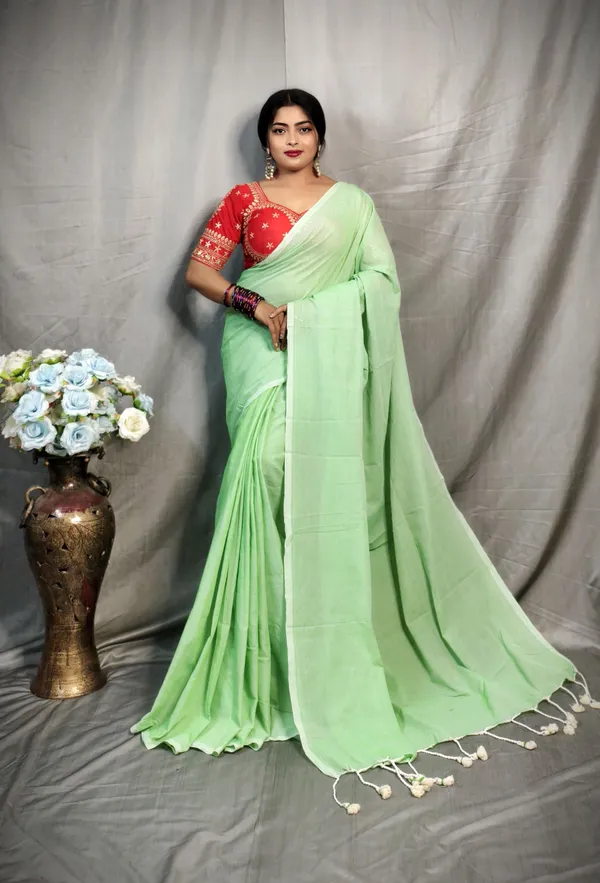 Pasta_Green_Pure_Cotton_Handloom_Solid/Plain_Saree_For_Women