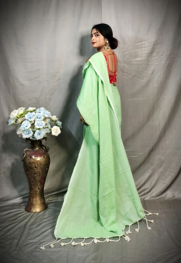 Pasta_Green_Pure_Cotton_Handloom_Solid/Plain_Saree_For_Women