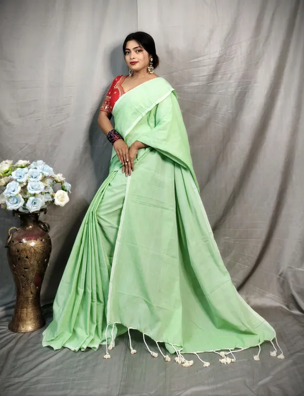 Pasta_Green_Pure_Cotton_Handloom_Solid/Plain_Saree_For_Women