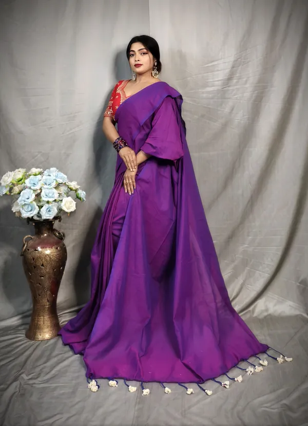 Purple_Pure_Cotton_Handloom_Solid/Plain_Saree_For_Women