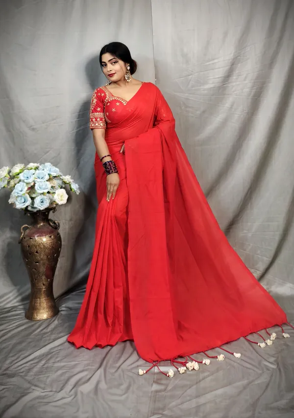 Red_Pure_Cotton_Handloom_Solid/Plain_Saree_For_Women