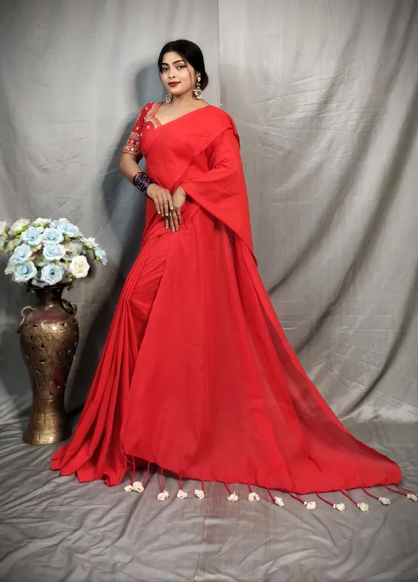 Red_Pure_Cotton_Handloom_Solid/Plain_Saree_For_Women