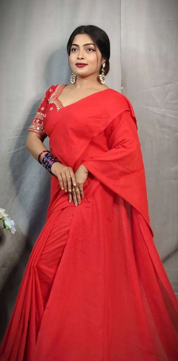 Red_Pure_Cotton_Handloom_Solid/Plain_Saree_For_Women