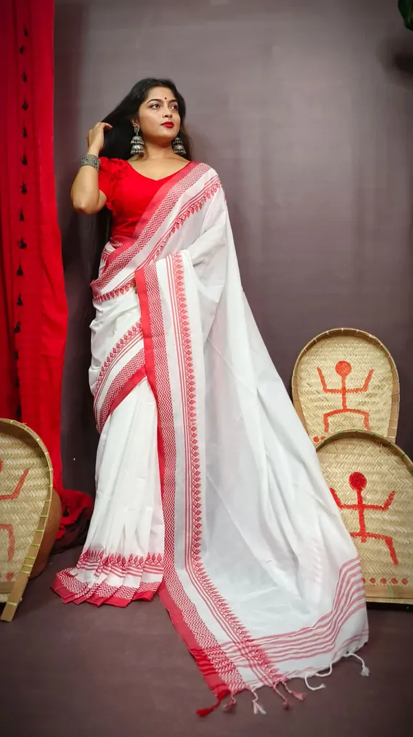White_&_Red_Cotton_Silk_Handloom_Self_Design_Saree_For_Women