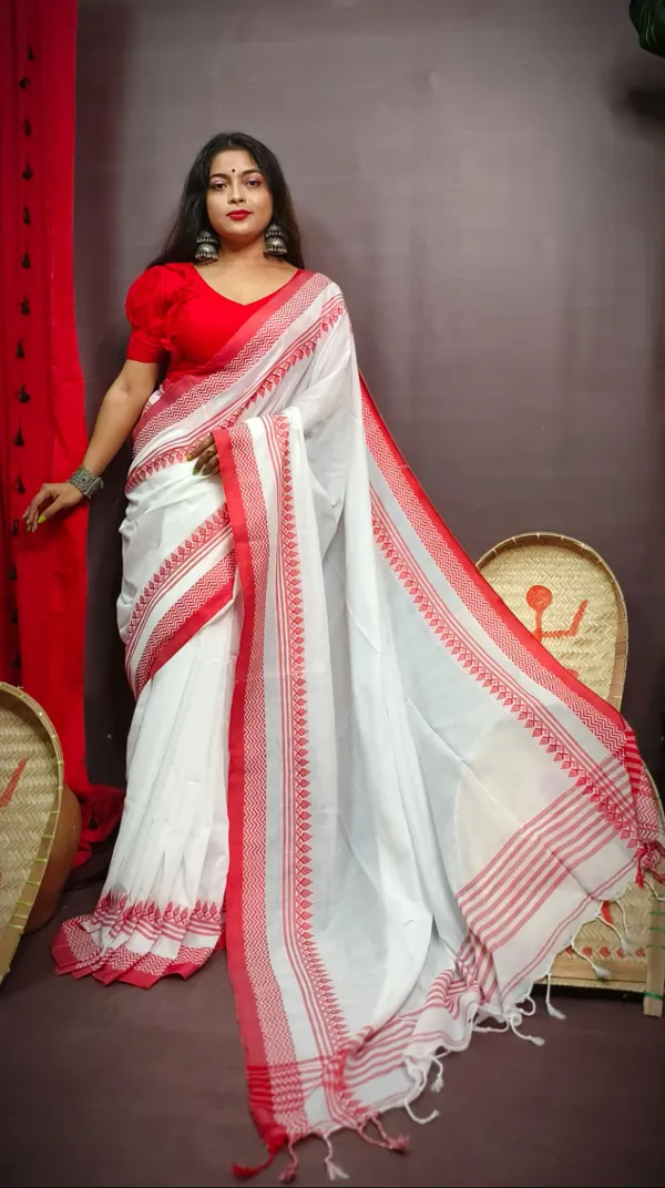 White_&_Red_Cotton_Silk_Handloom_Self_Design_Saree_For_Women