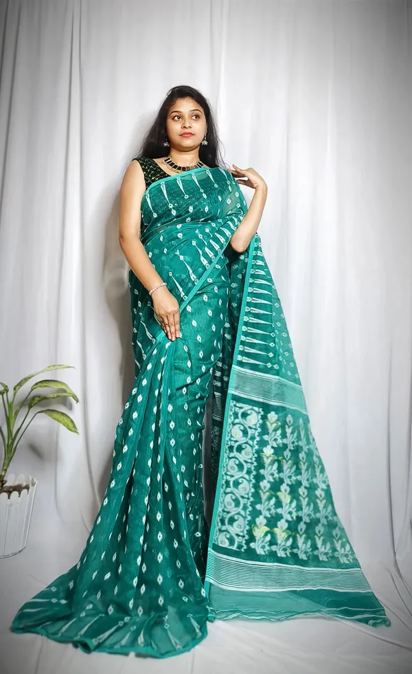 Teal_Pure_Cotton_Tant_Self_Design_Saree_For_Women