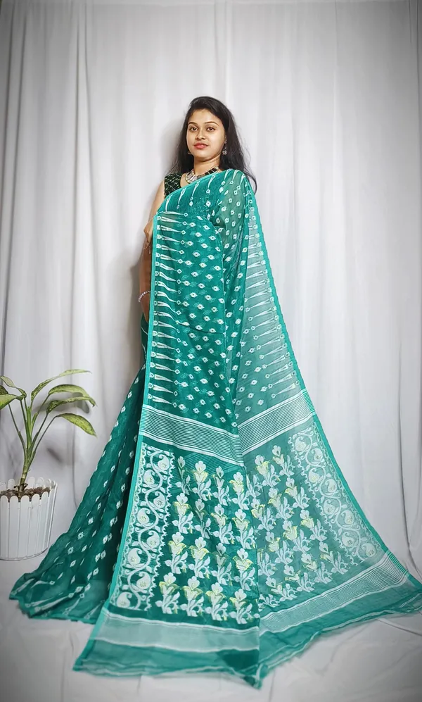 Teal_Pure_Cotton_Tant_Self_Design_Saree_For_Women